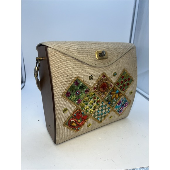 The Unbranded Brand Handbags - Vintage Jeweled Canvas Box Bag Purse Jewel Flowers Wood 1960's‎